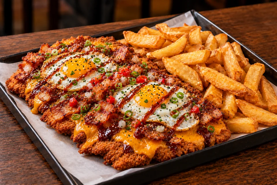American VIP con cheddar, panceta, huevos y papas fritas