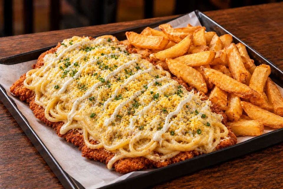 Spaghetti Horse con pastas, queso y papas fritas